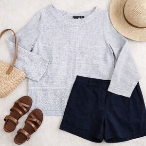 Tahari 100% Linen Micro Stripe Blouse Blue White Lightweight Summer Top Large